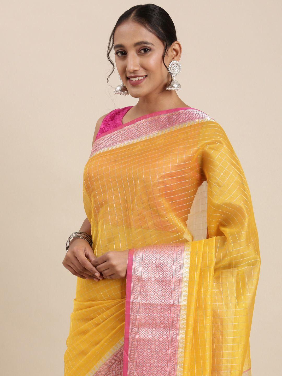 perfectblue yellow checked zari silk blend saree