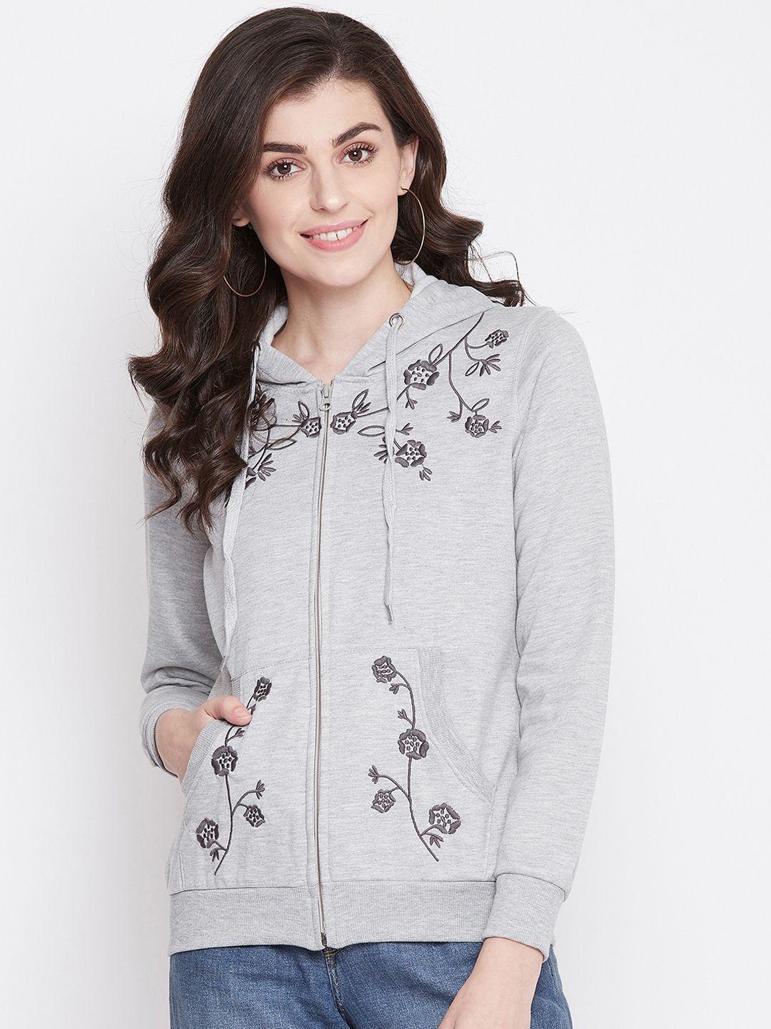 perfkt-u women grey embroidered  hooded sweatshirt