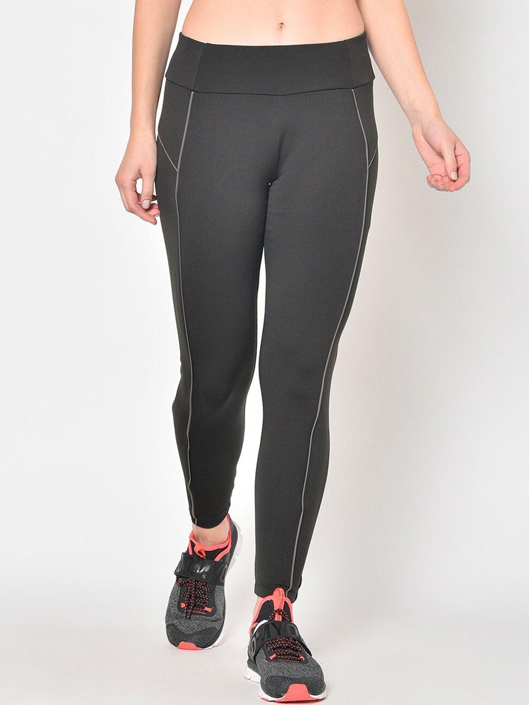 perfkt-u women black & grey solid anti-microbial sports tights