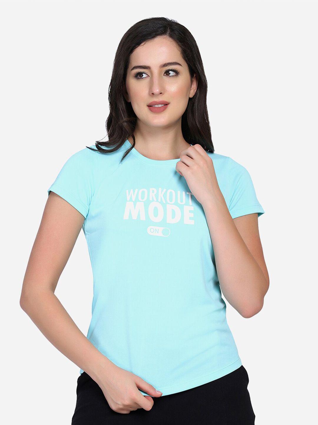 perfkt-u women blue printed applique training or gym t-shirt