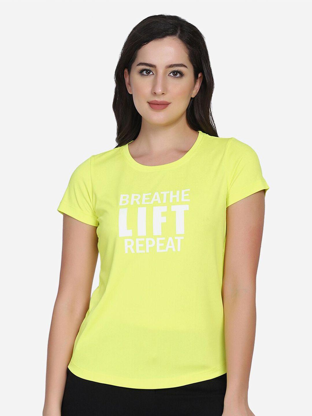 perfkt-u women yellow typography printed applique training or gym t-shirt