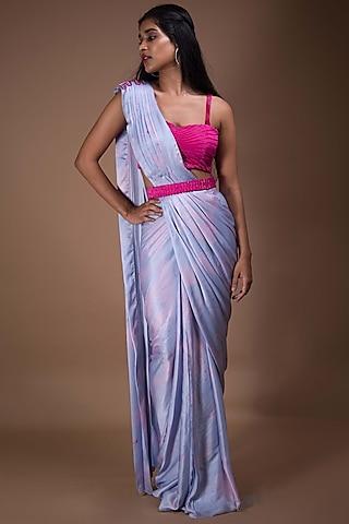 periwinkle & fuchsia viscose printed draped saree set