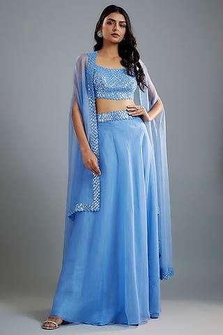 periwinkle blue organza & raw silk sequins embroidered cape set