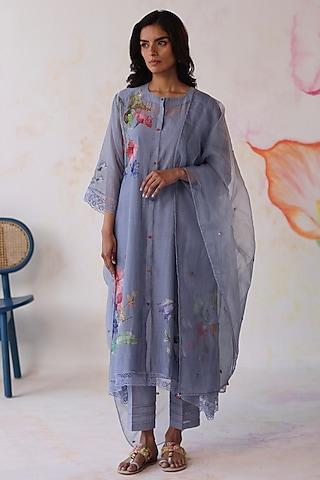 periwinkle chanderi silk hand embroidered asymmetric kurta set