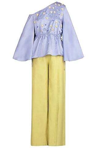 periwinkle one shoulder embellished top with cross pleated pants