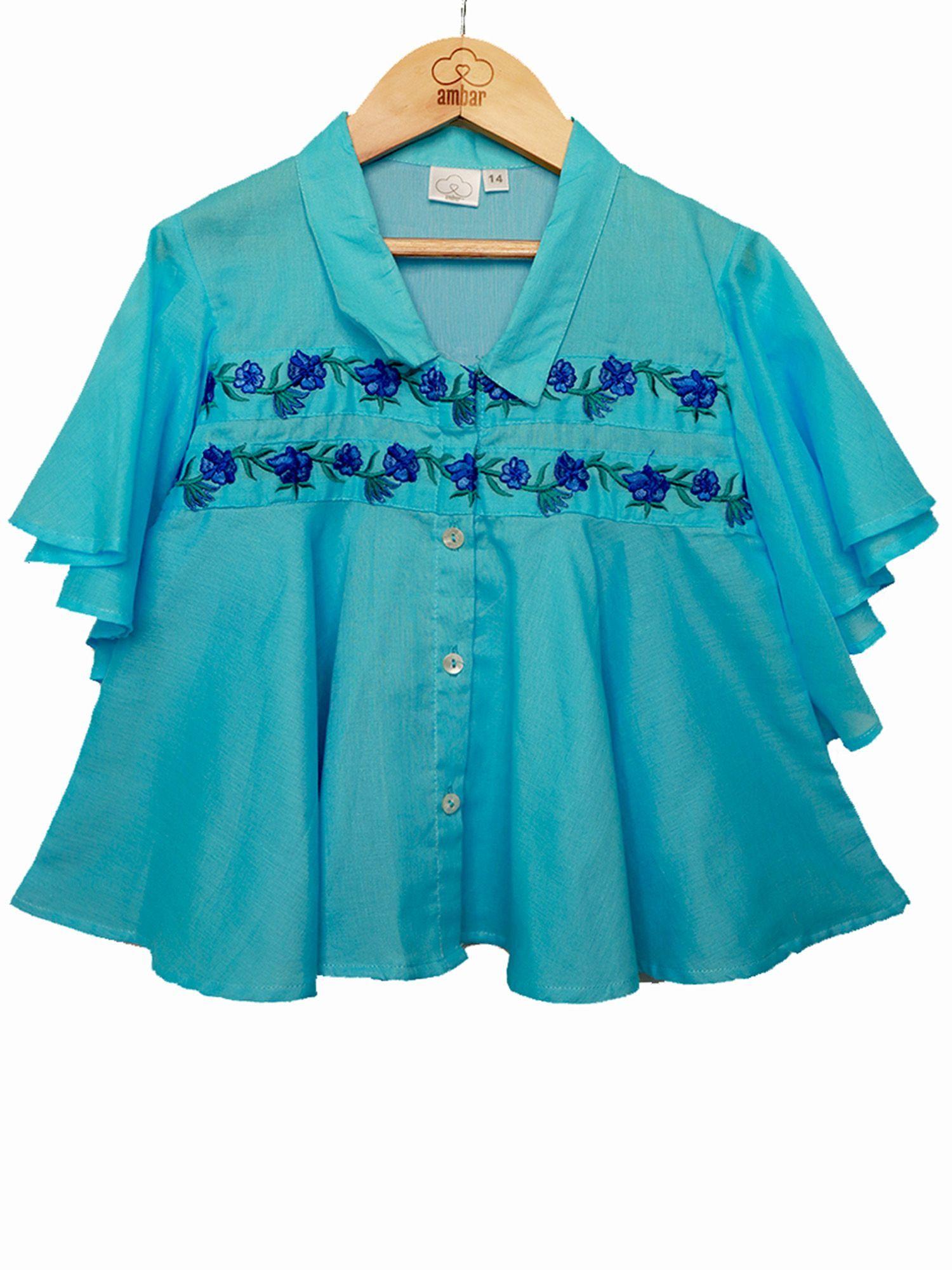 periwinkle veil embroidery flared sleeve and hem cotton mulmul shirt blue