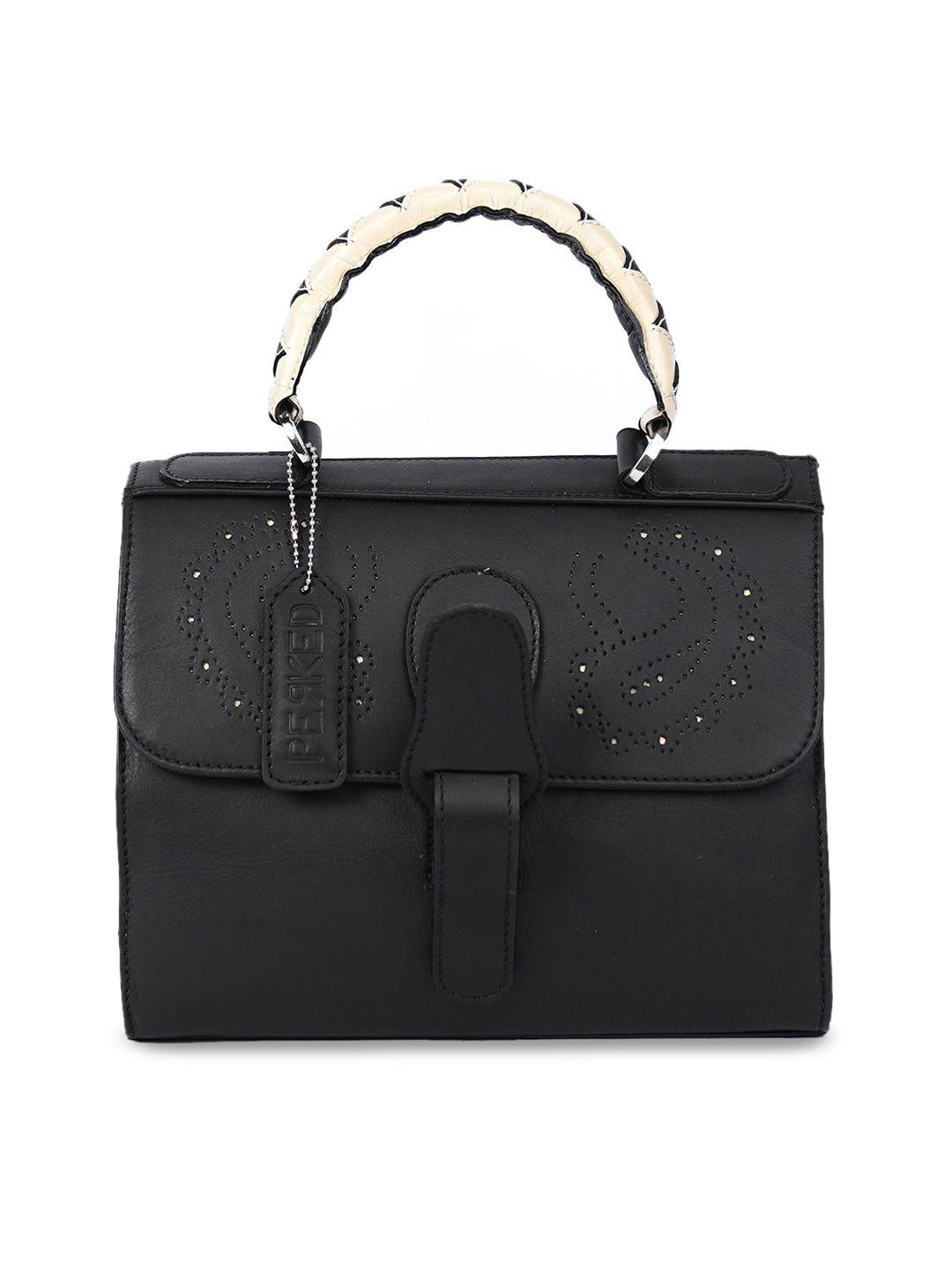 perked black leather structured handheld bag