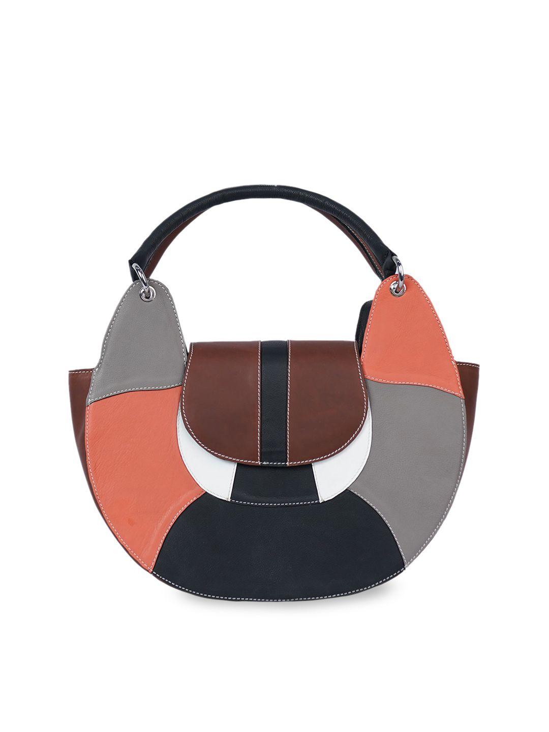 perked brown colourblocked leather half moon handheld bag