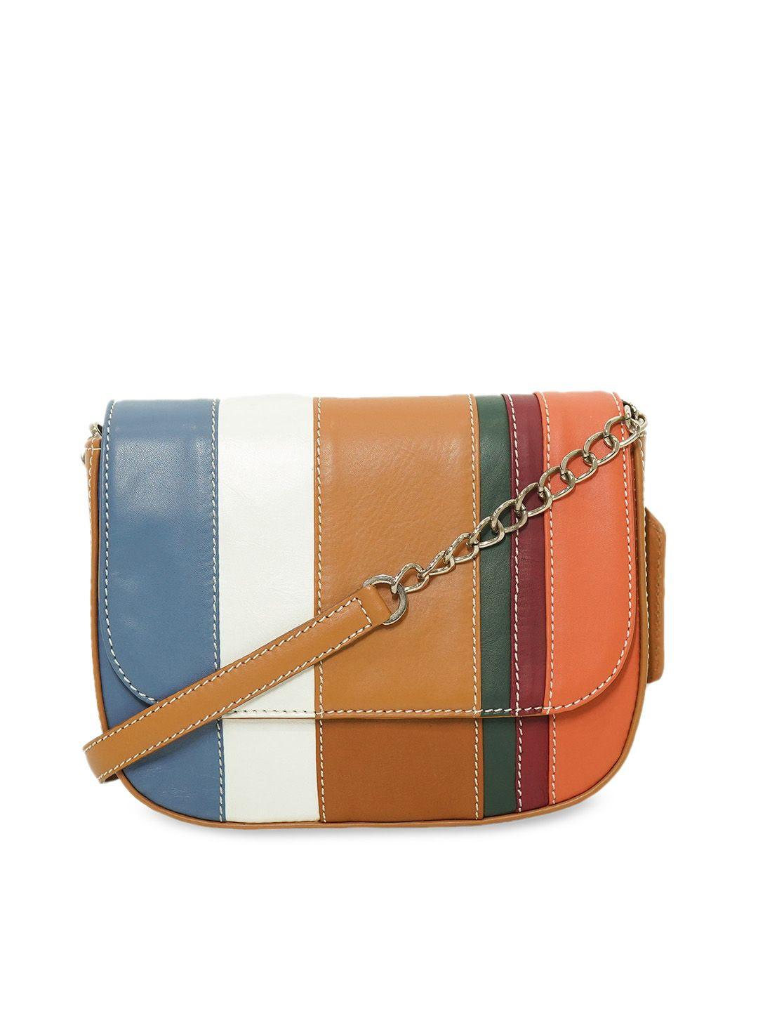 perked camel brown colourblocked leather structured sling bag