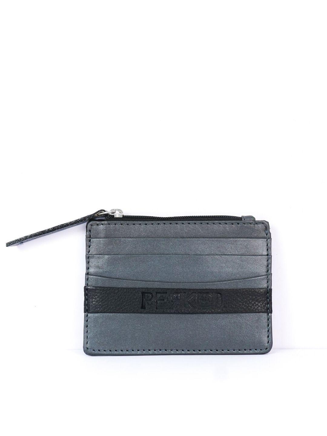 perked grey & black zip detail leather card holder