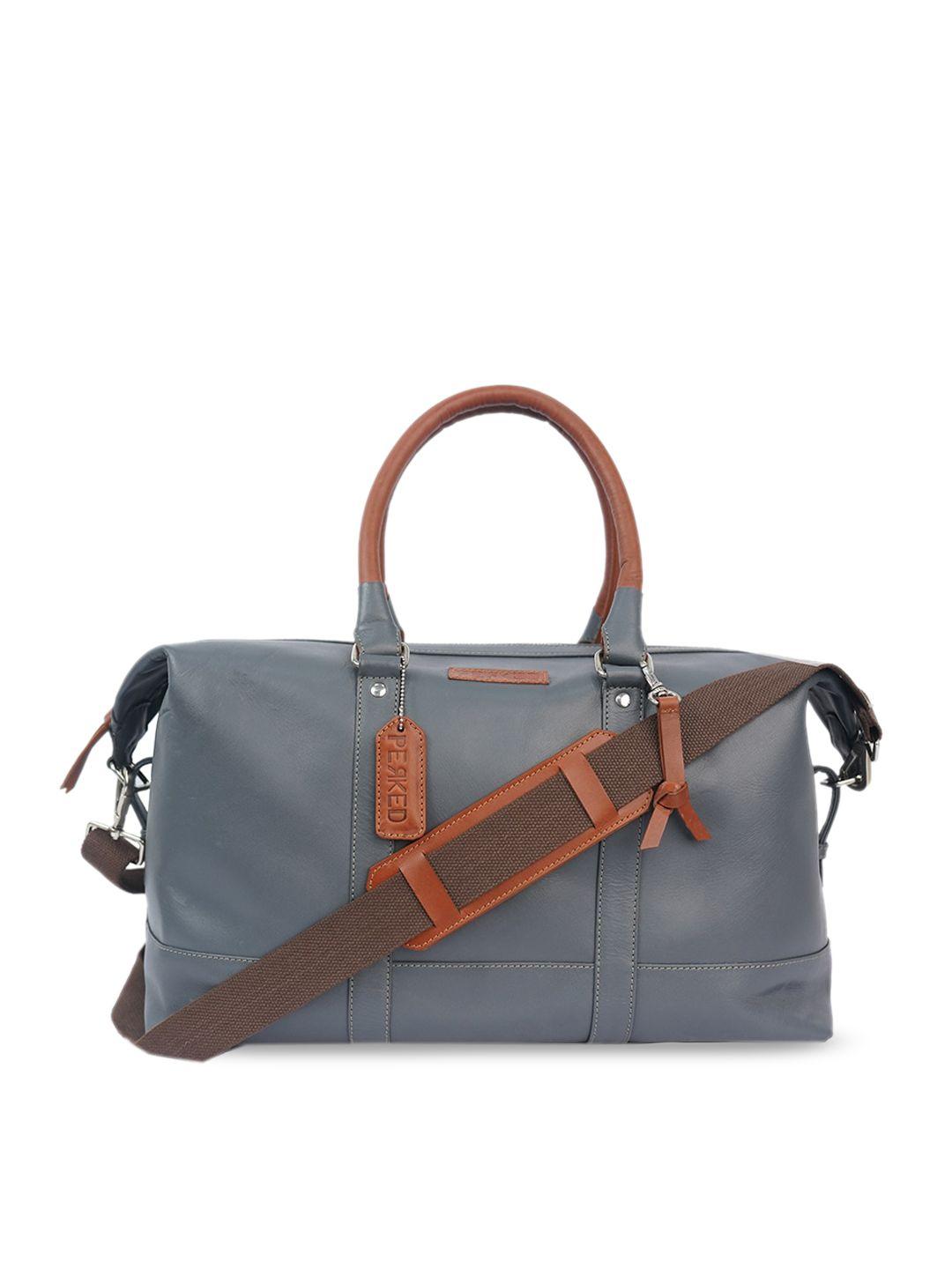 perked grey solid genuine leather duffle bag