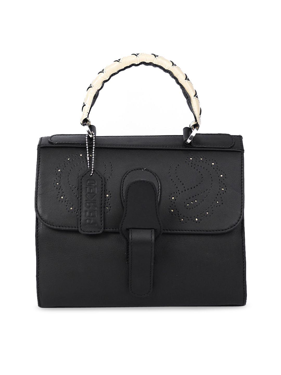perked self design leather structured handheld bag