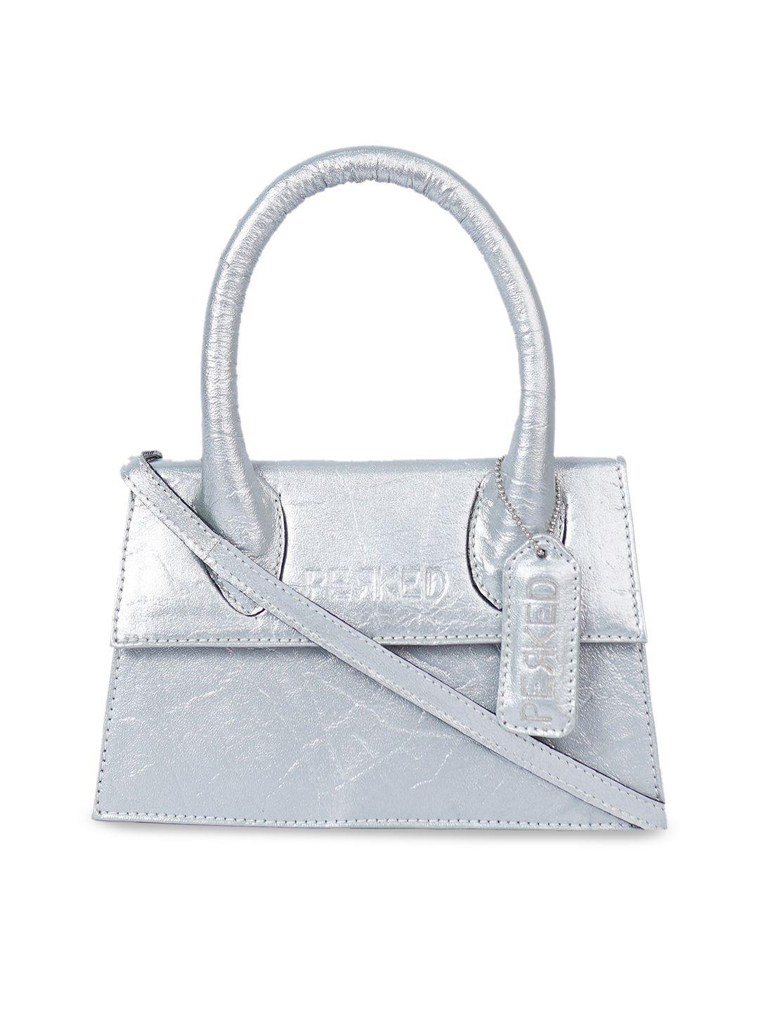 perked silver-toned leather structured handheld bag