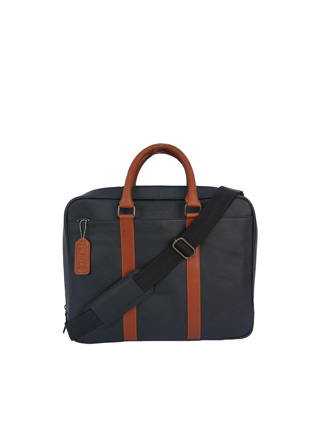 perked unisex black & brown 14 inch leather laptop bag