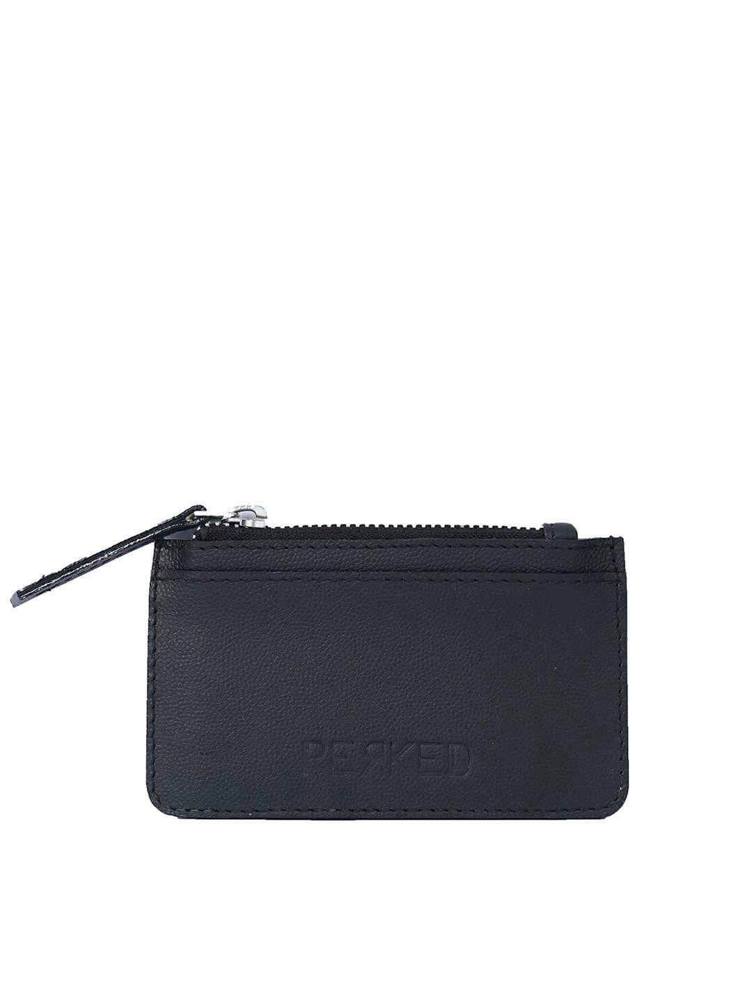 perked unisex black & silver-toned leather zip around wallet