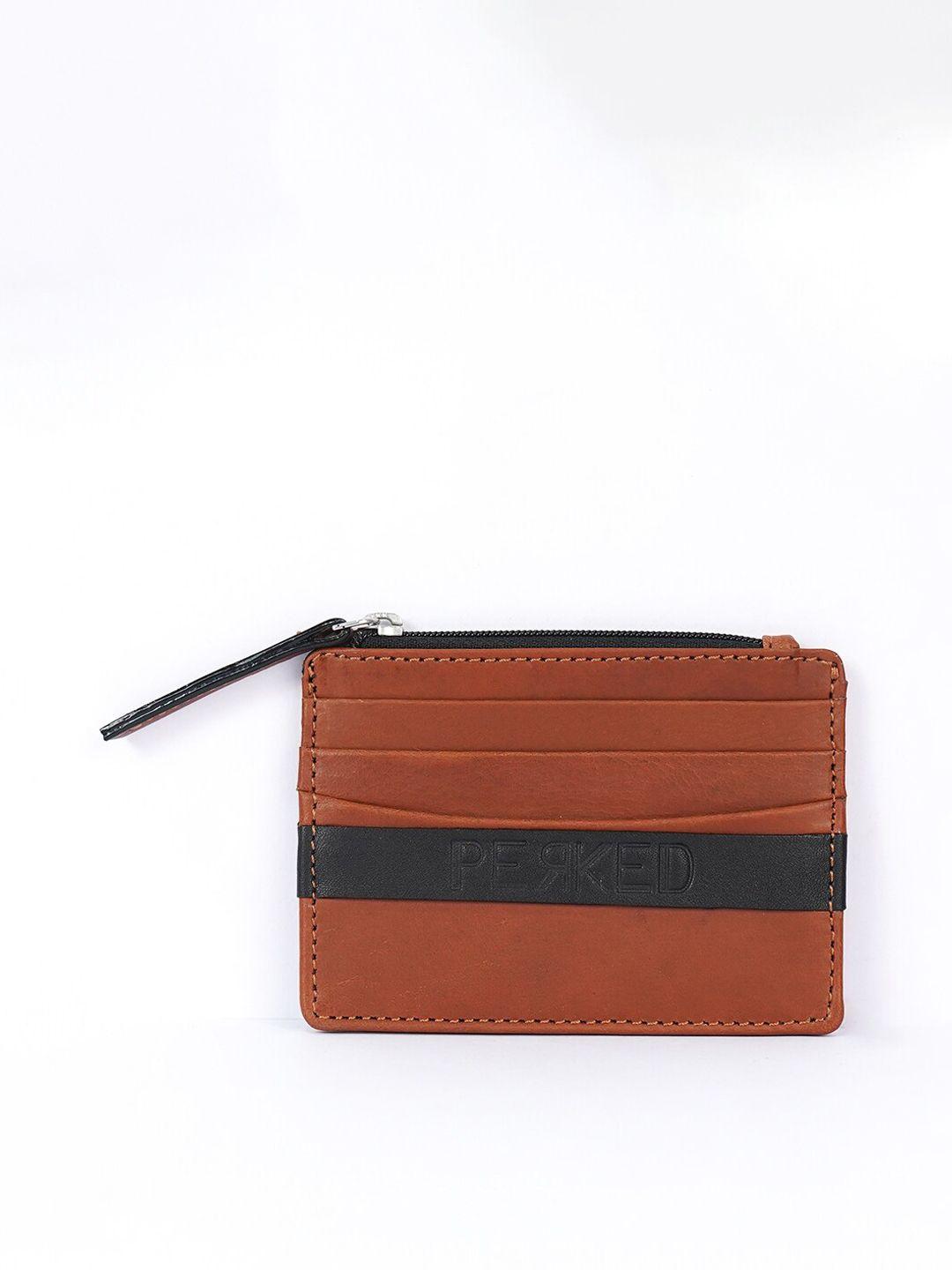 perked unisex brown & black leather card holder