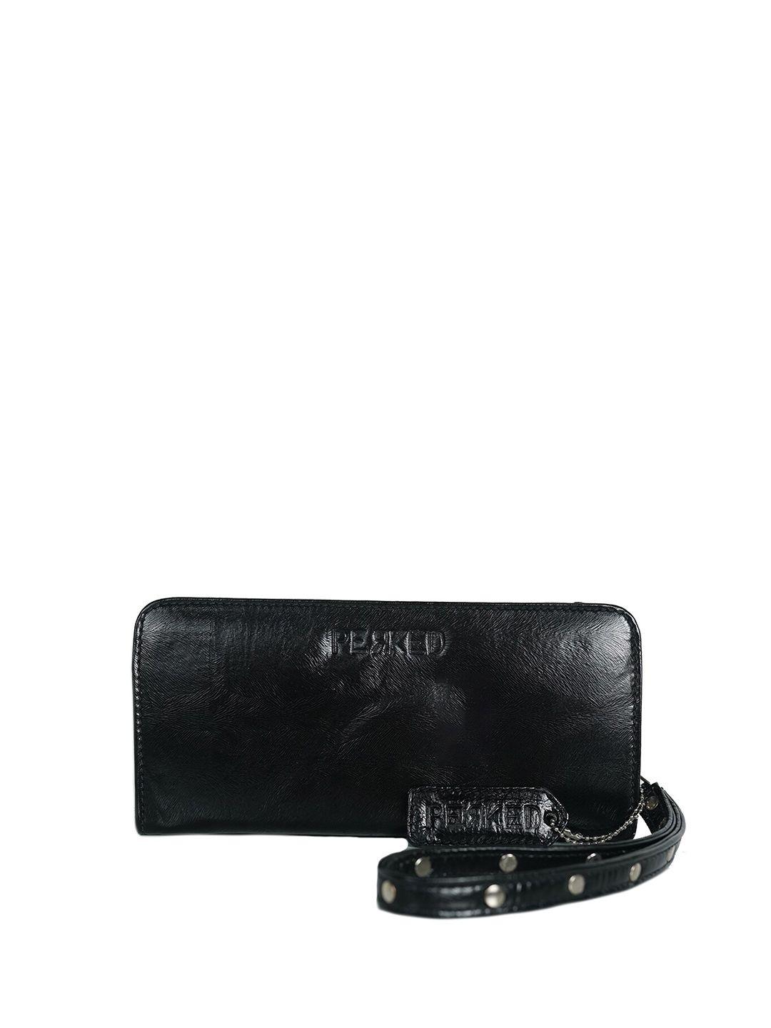 perked women black leather zip around wallet