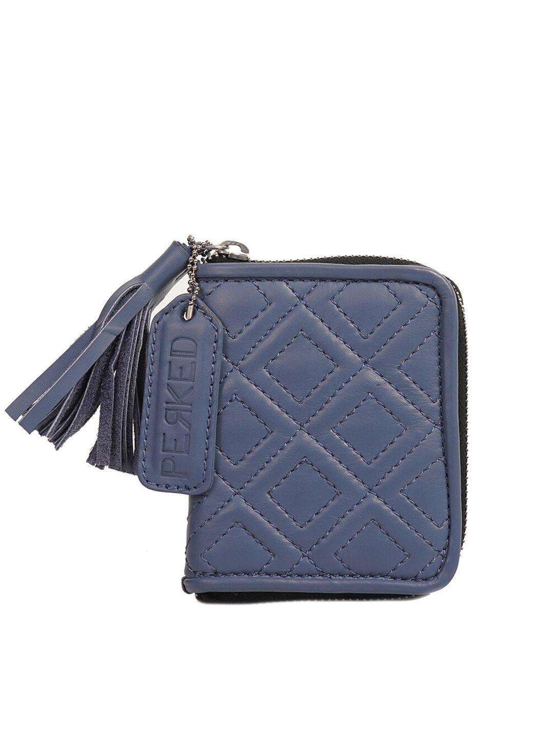 perked women blue leather zip around wallet