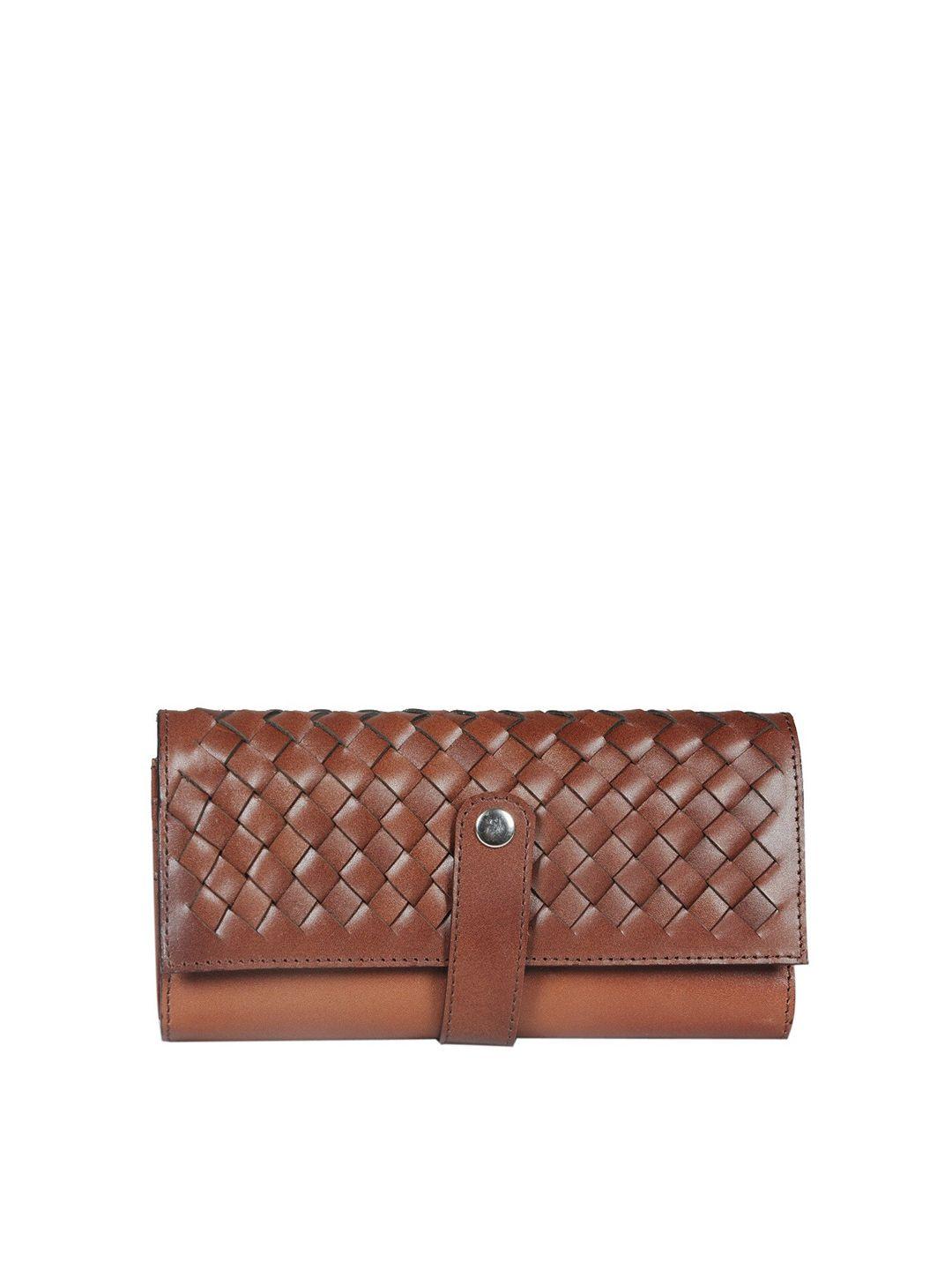 perked women brown woven design leather three fold wallet
