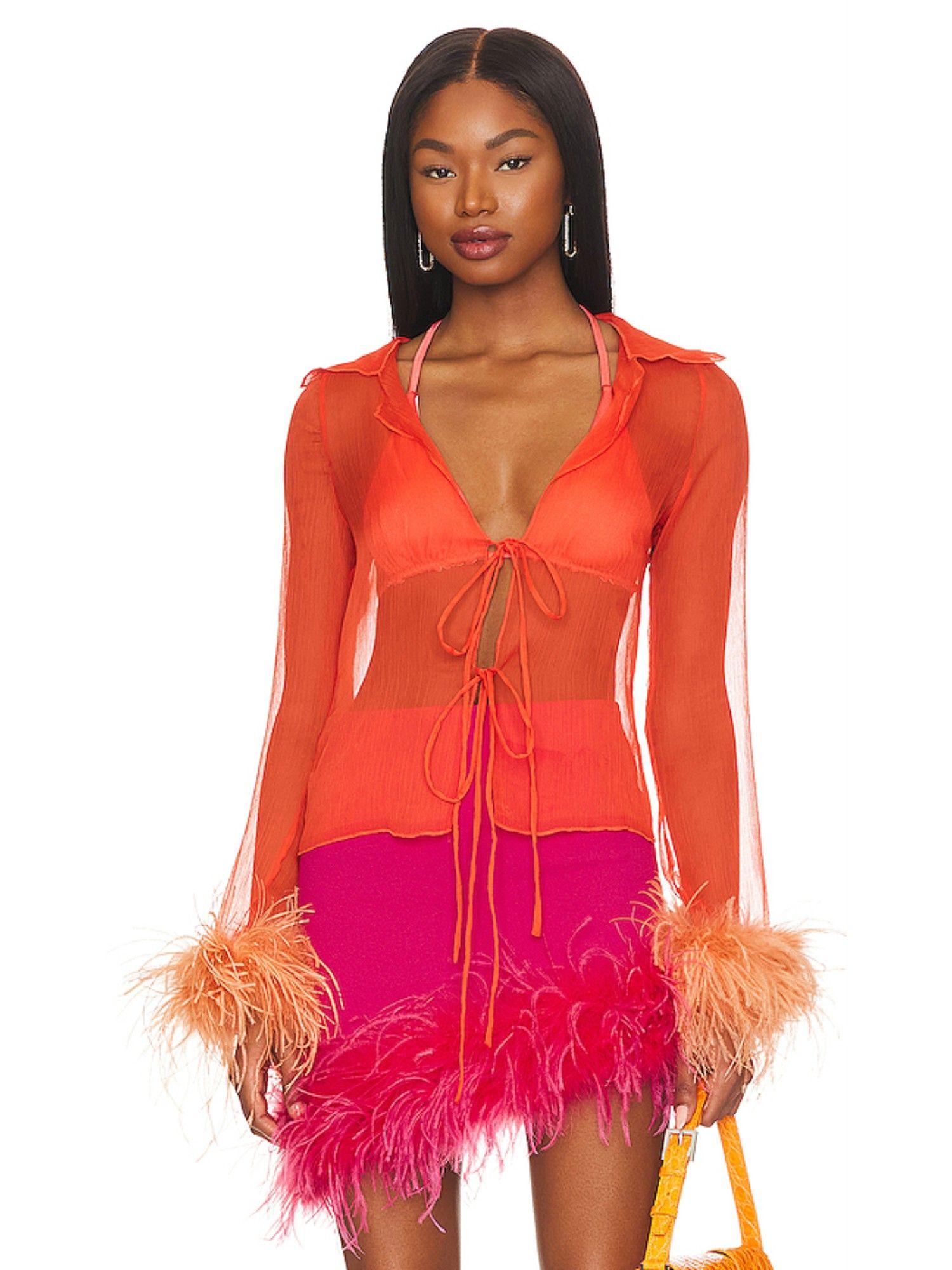 perla sheer feather trim blouse