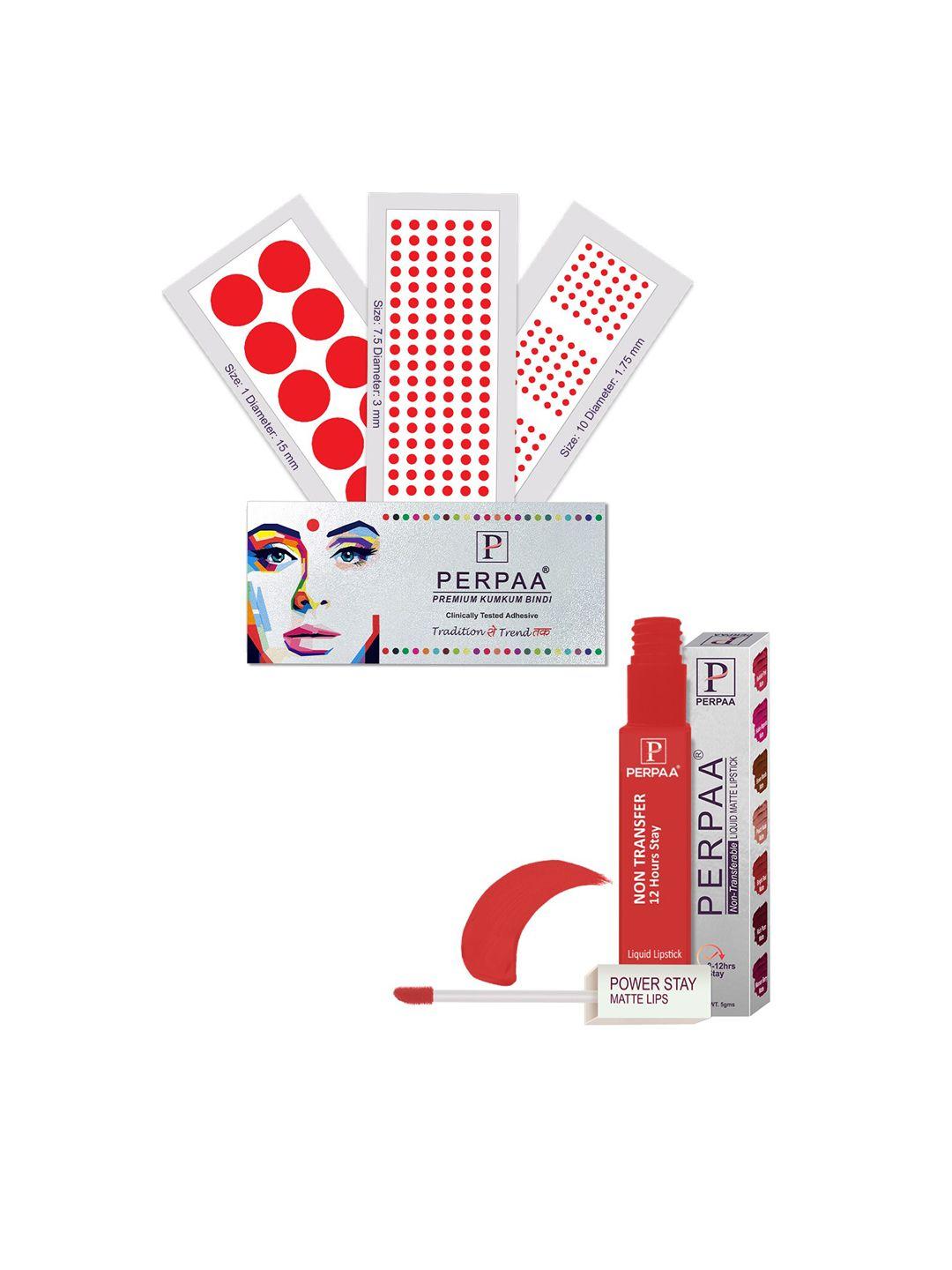 perpaa power stay non transfer lipstick-01 & set of 3 premium maroon bindis-size 7.5,01,10