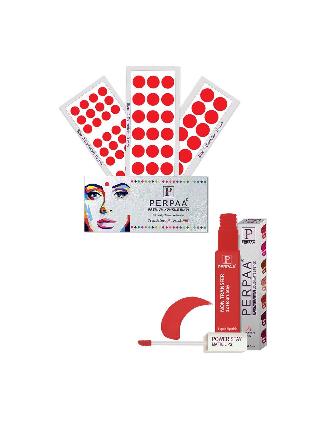 perpaa power stay non transfer lipstick-01 & set of 3 premium red bindis- size 01,02,03