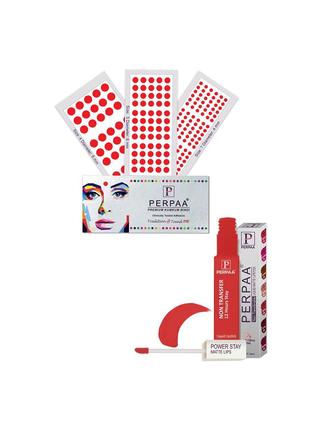 perpaa power stay non transfer lipstick-01 & set of 3 premium red bindis- size 04,05,07