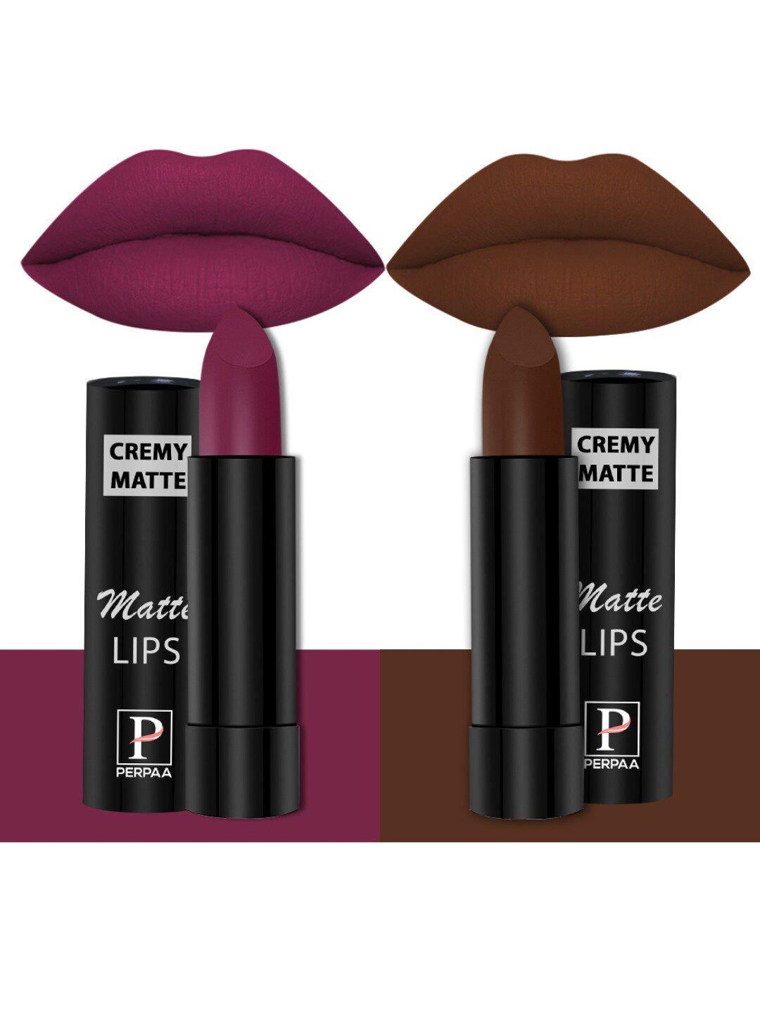 perpaa set of 2 creamy matte bullet lipstick 3.5g each - cherry red 52 & cocoa brown 67