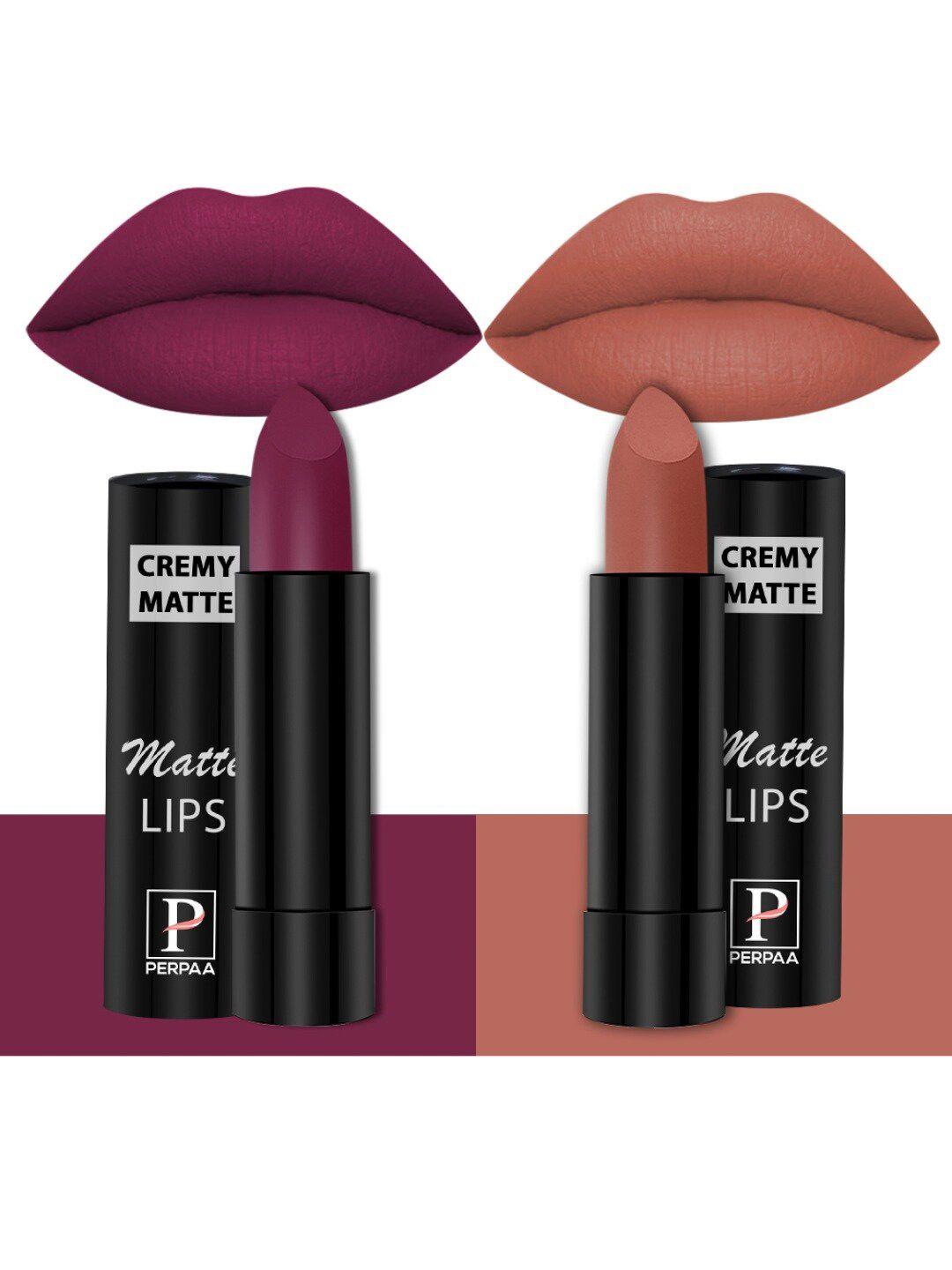 perpaa set of 2 creamy matte long stay intense lipstick - cherry red 52 & caramel 62