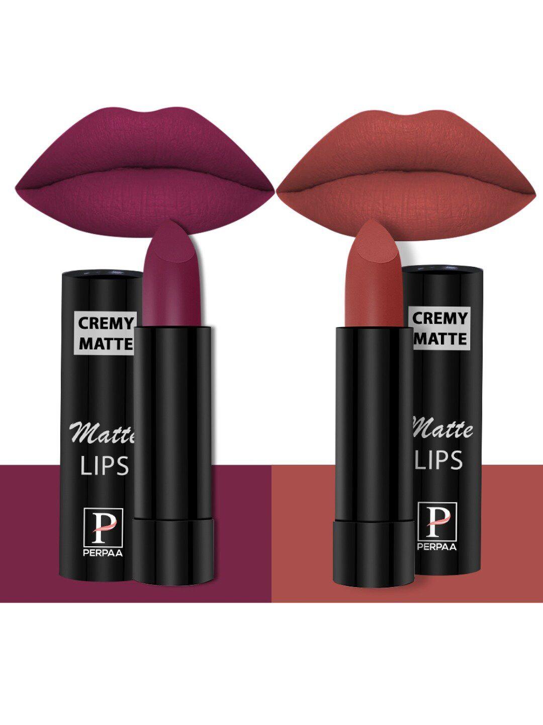 perpaa set of 2 creamy matte long stay intense lipstick - cherry red 52 & rust orange 73
