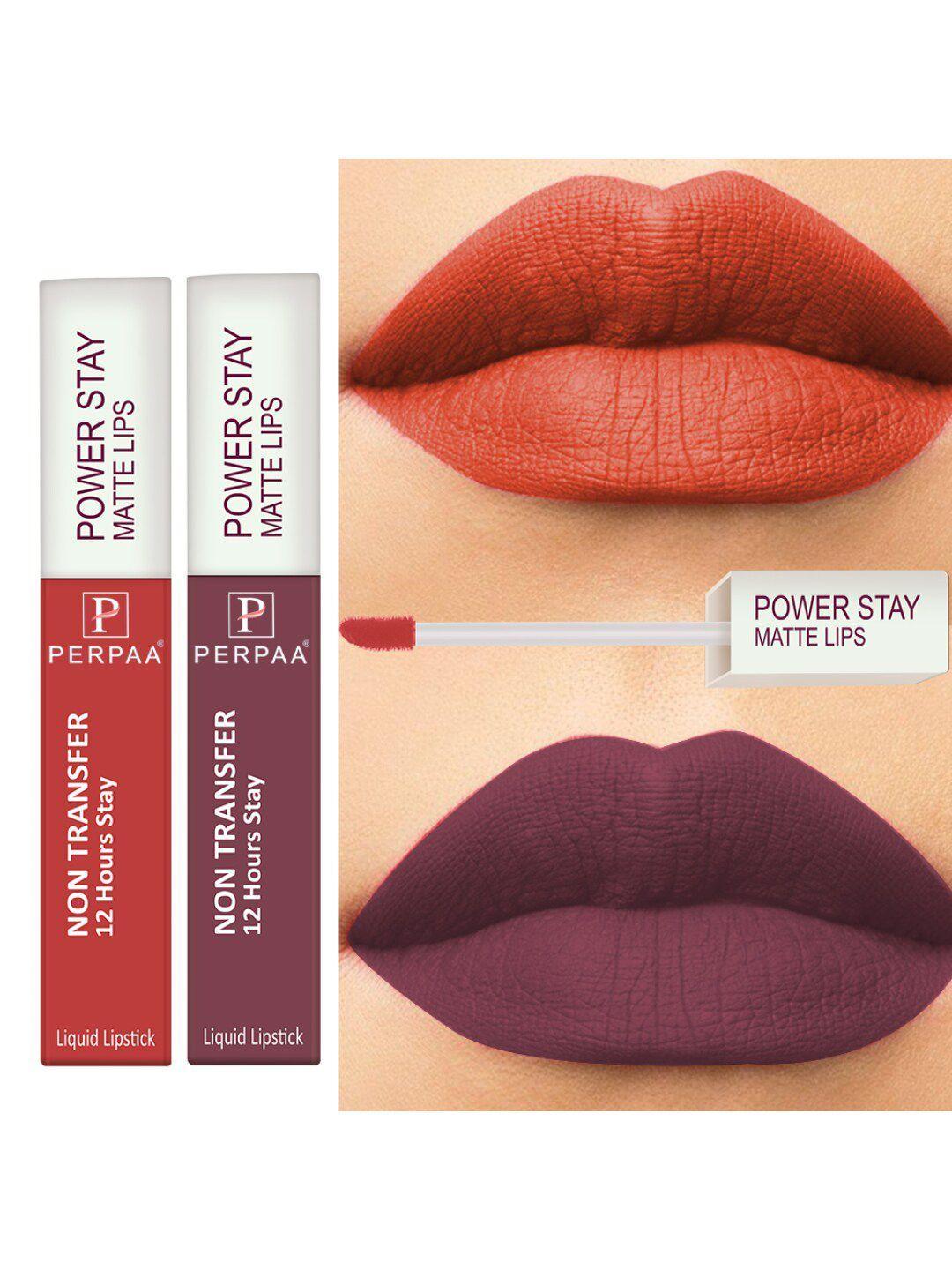 perpaa set of 2 power stay non-transfer & long-lasting velvet matte liquid lipstick 5 g-bright red 01 - mauve 23