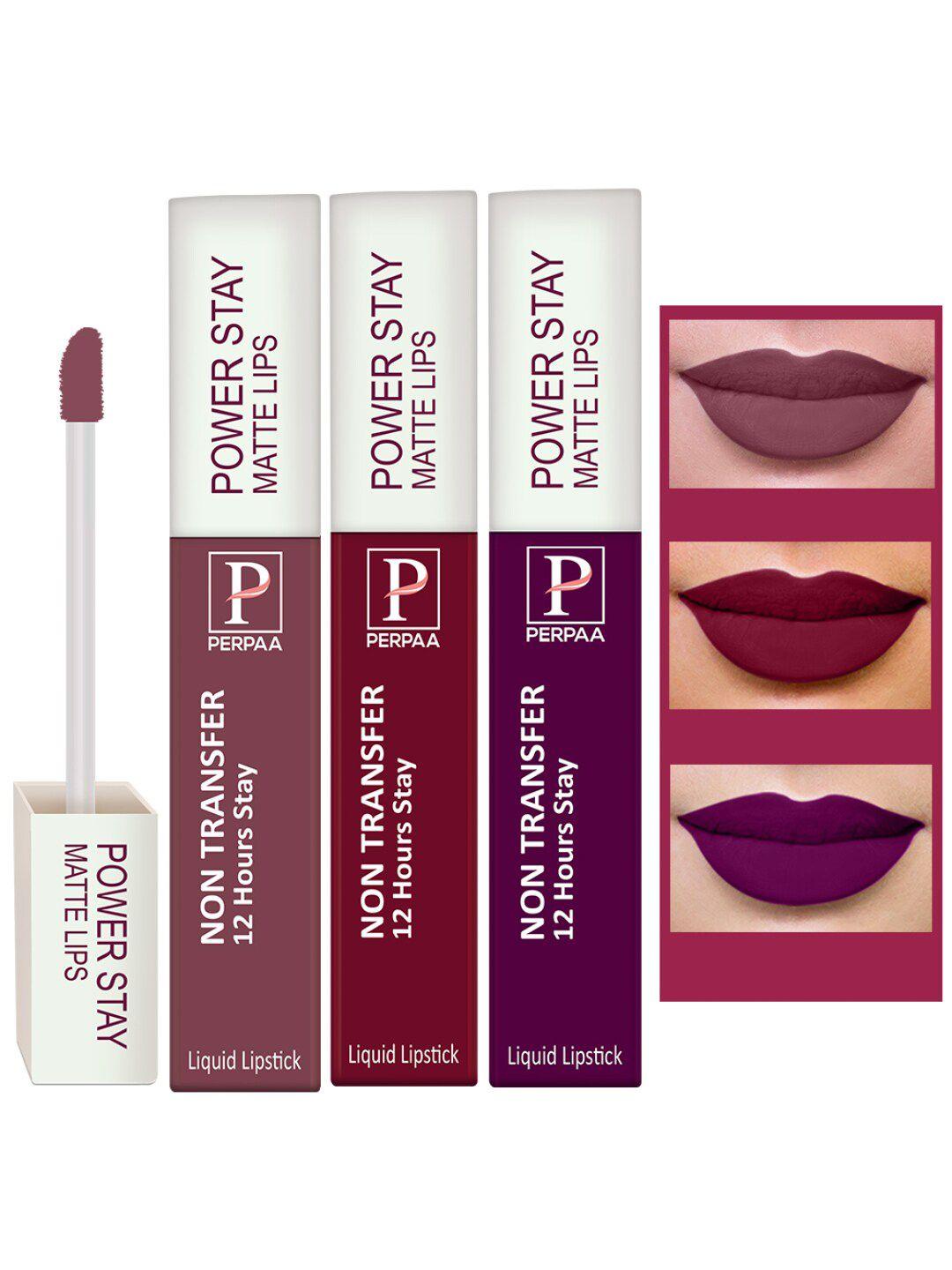 perpaa set of 3 power stay non-transfer liquid matte lipstick 5ml - shades 03 + 09 + 23