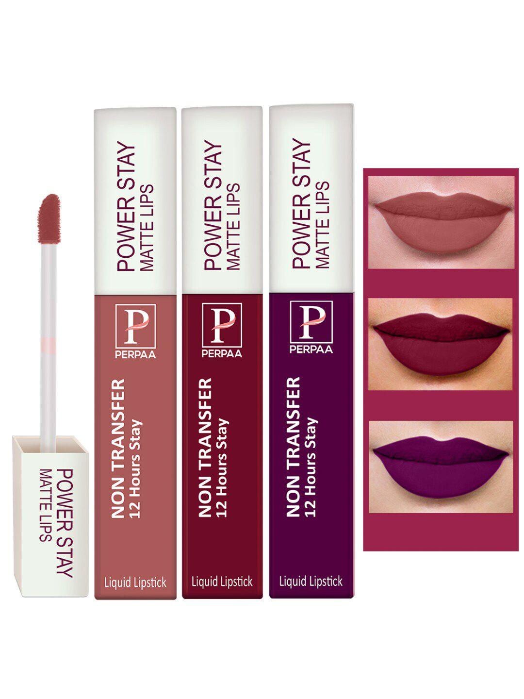 perpaa set of 3 power stay non-transfer liquid matte lipstick with castor oil - 5 ml each
