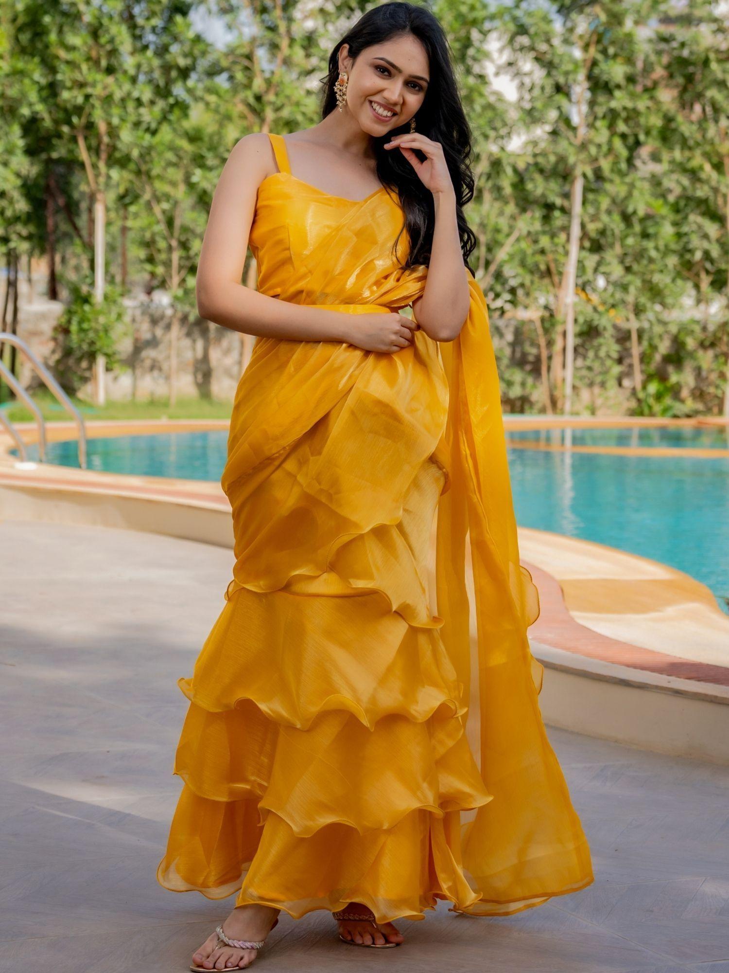 perry yellow ruffle saree with stitched blouse