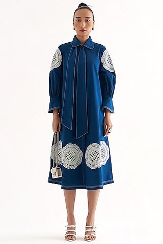 persian blue cotton lace applique midi dress