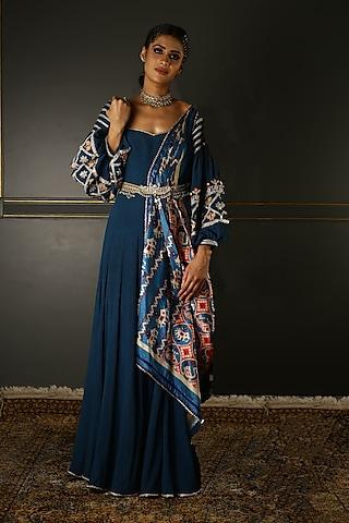 persian blue embroidered anarkali set