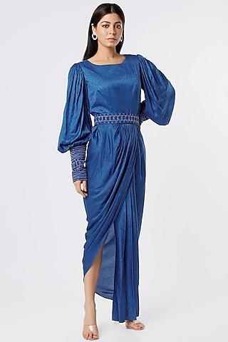persian blue embroidered draped gown with belt