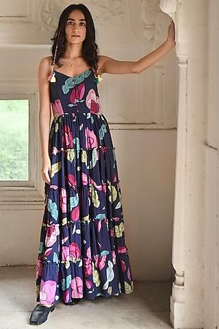 persian blue mulmul printed maxi dress