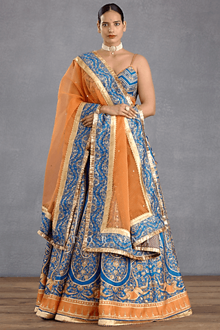 persian blue raw silk printed & embroidered lehenga set