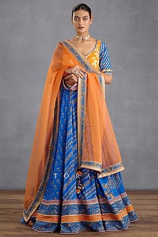 persian blue slub silk & silk organza digital printed anarkali set