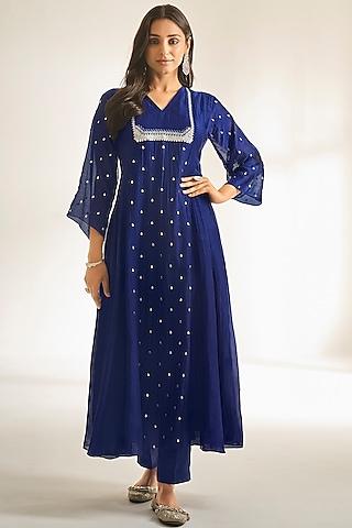 persian blue soft chanderi embroidered kurta set