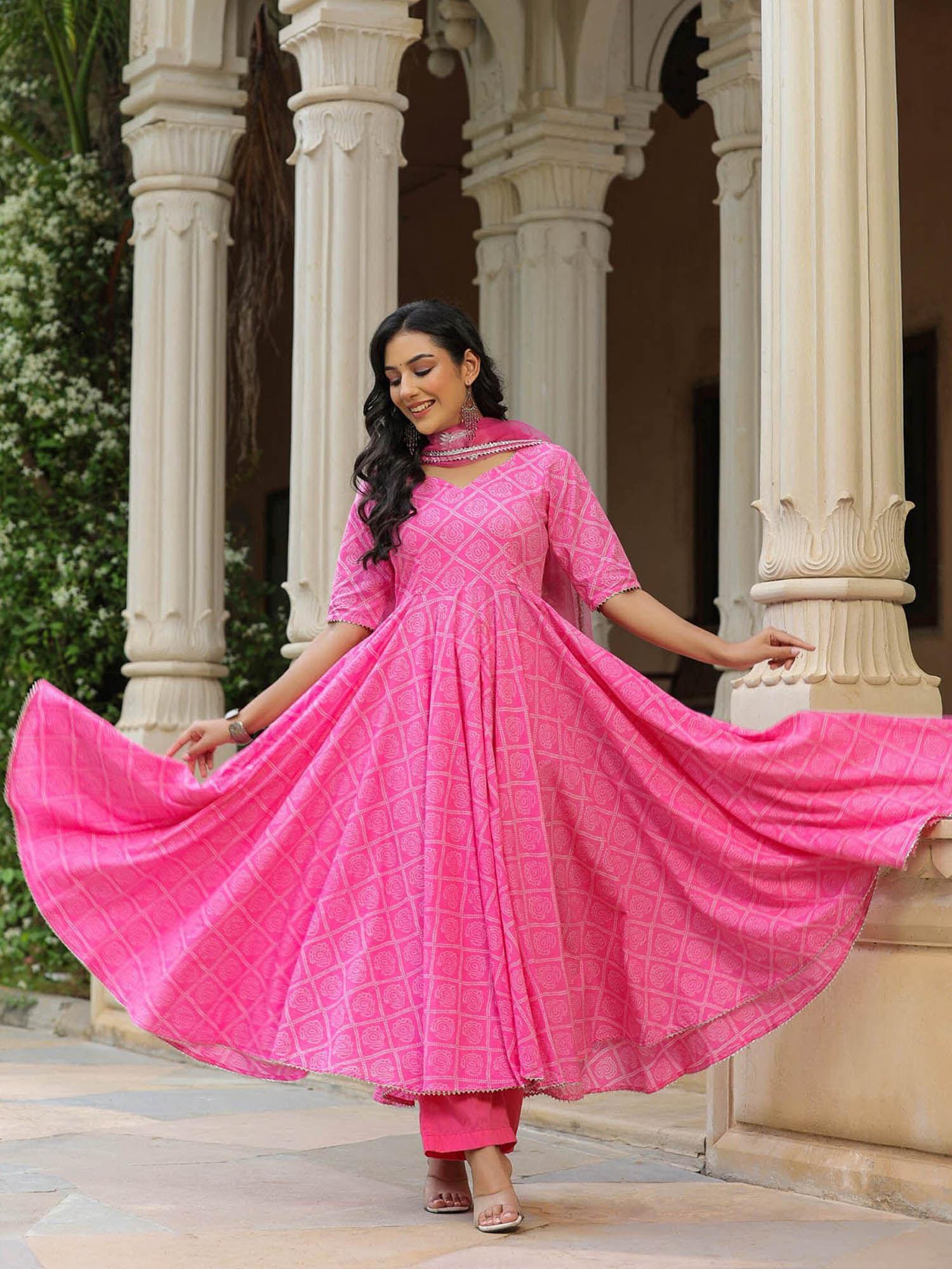 persian pink cotton anarkali kurta with pant & dupatta (set of 3)