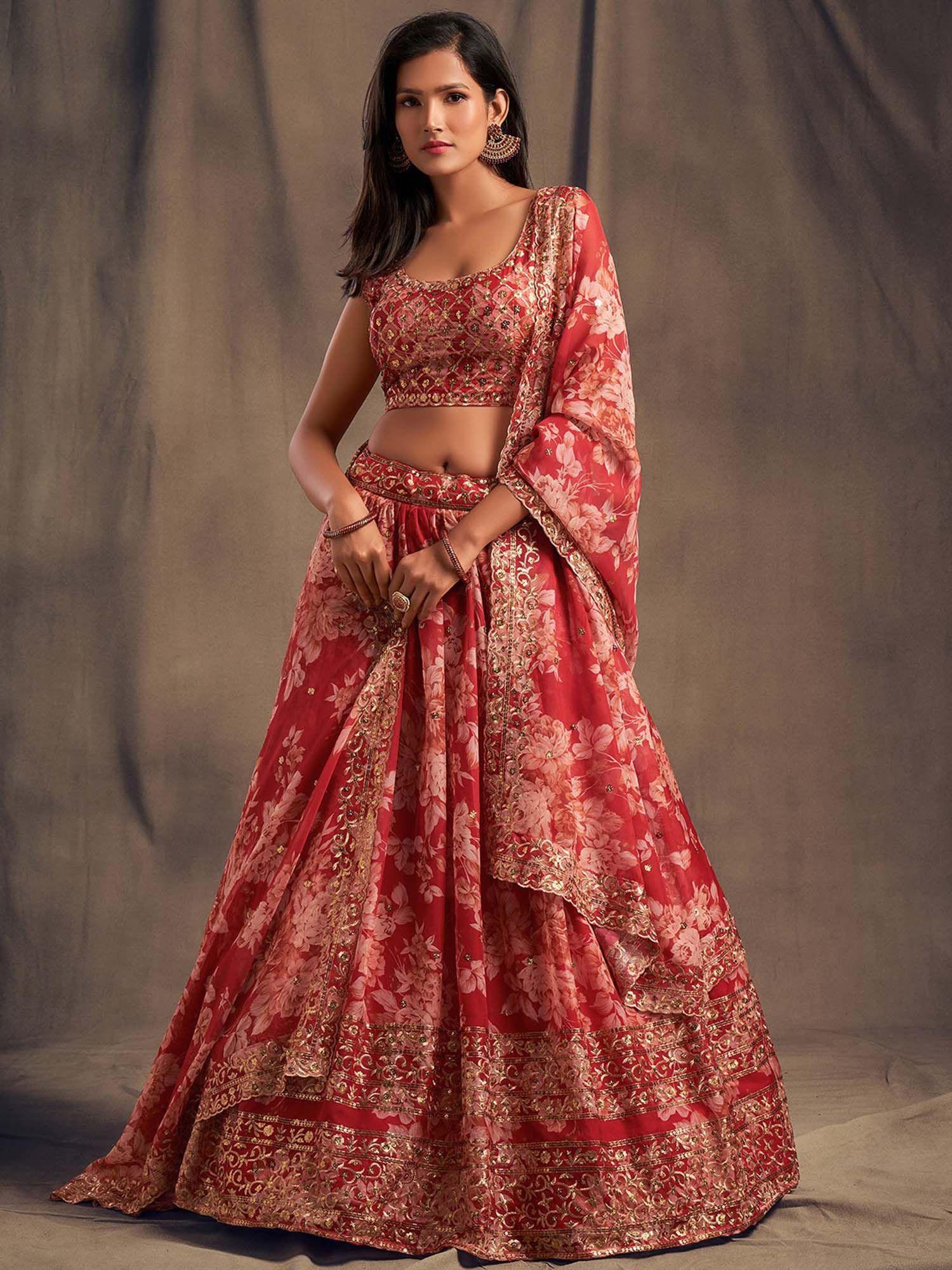 persian red floral printed semi stitched lehenga with unstitched blouse (set of 3)