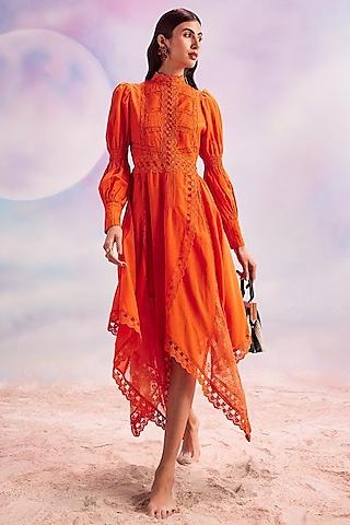 persimmon orange cotton silk midi dress