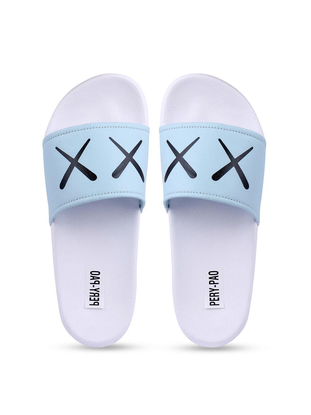 pery pao men turquoise blue & white printed rubber sliders