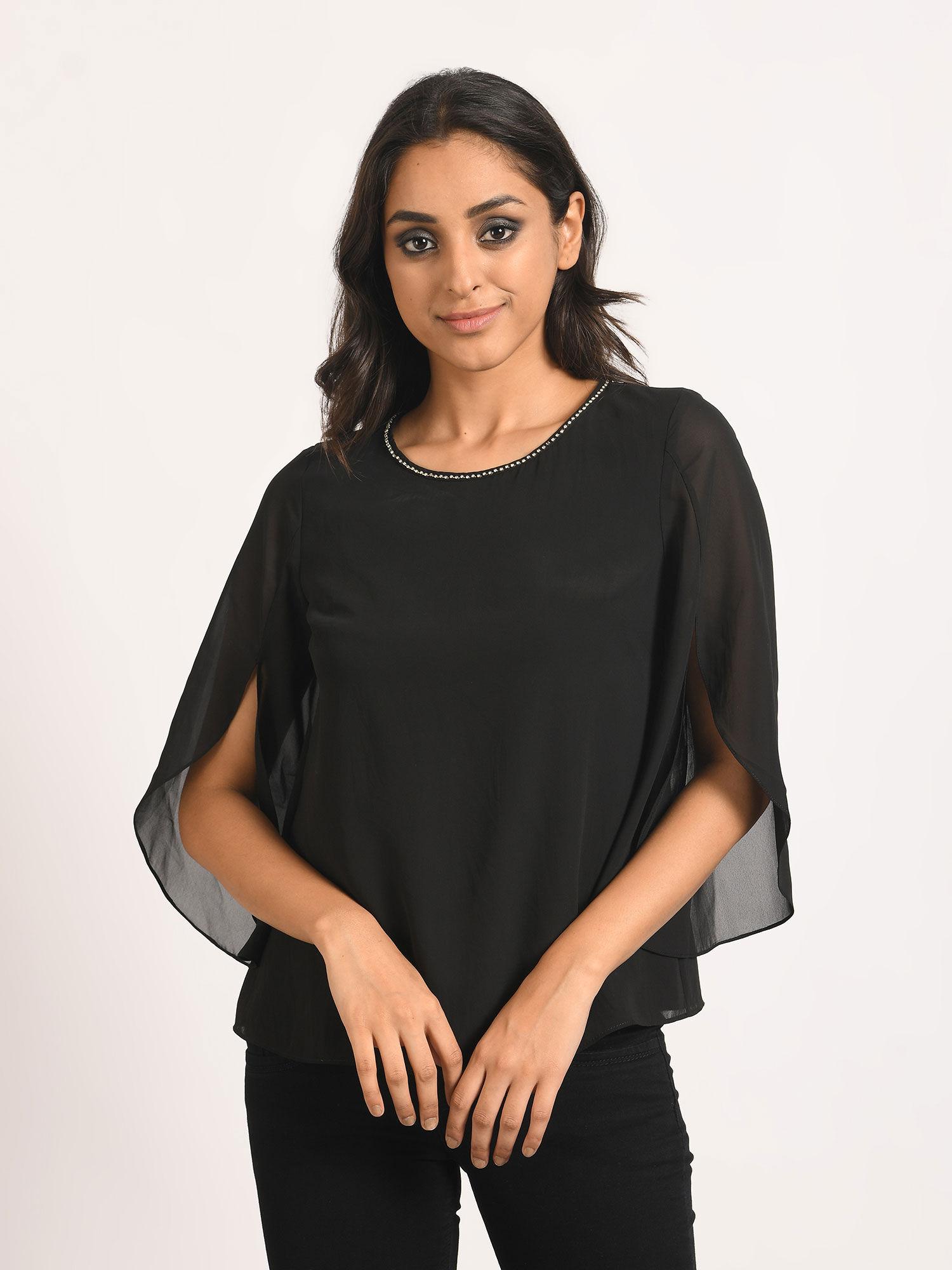 petal sleeve black top