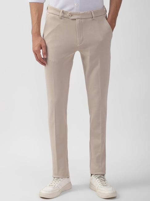 peter england beige slim fit texture trousers