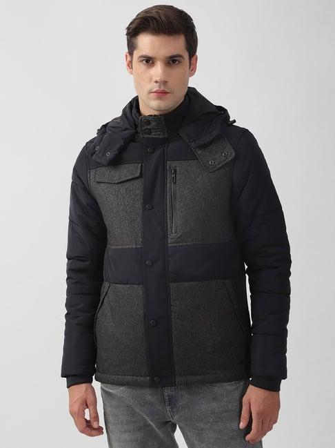 peter england black regular fit quilted hooded jacket