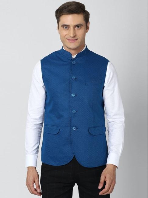 peter england blue regular fit printed nehru jacket