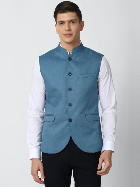 peter england blue regular fit self pattern nehru jacket